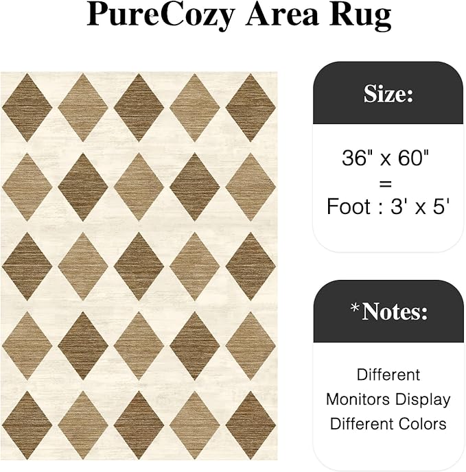 3x5 Checkered Area Rugs for Living Room Brown Machine Washable Large Rug Non-Slip Stain Resistant Low Pile Boho Accent Indoor Throw Carpet for Office Bedroom Dining Room Classroom