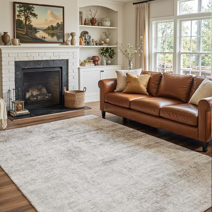 Area Rug 5x7 Washable Rug Beige for Living Room, Dining Room, Bedroom, Large Carpets, Non Slip & Non-Shedding Low Pile Vintage Print Rug for Home Office Decor