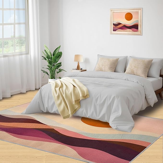Boho Sun Area Rugs 5x7ft, Minimalist Line Rugs for Living Room, Geometric Solar Floor Rug Sturdy and Non-Shedding for Bedroom Hardwood Floors Teen Room