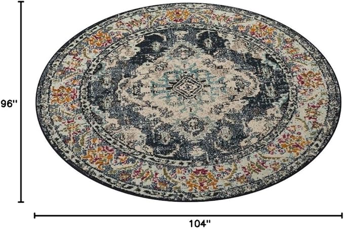 SAFAVIEH Monaco Collection Area Rug - 8'8" Round, Navy & Light Blue, Boho Chic Medallion Distressed Design, Non-Shedding & Easy Care, Ideal for High Traffic Areas in Living Room, Bedroom (MNC243N)