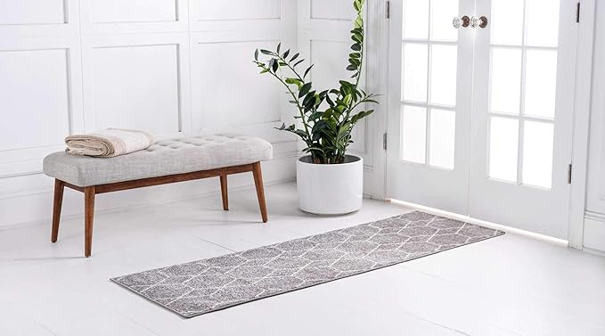 Unique Loom Trellis Frieze Collection Area Rug - Geometric (2' x 6' 1" Runner Light Gray/Ivory)