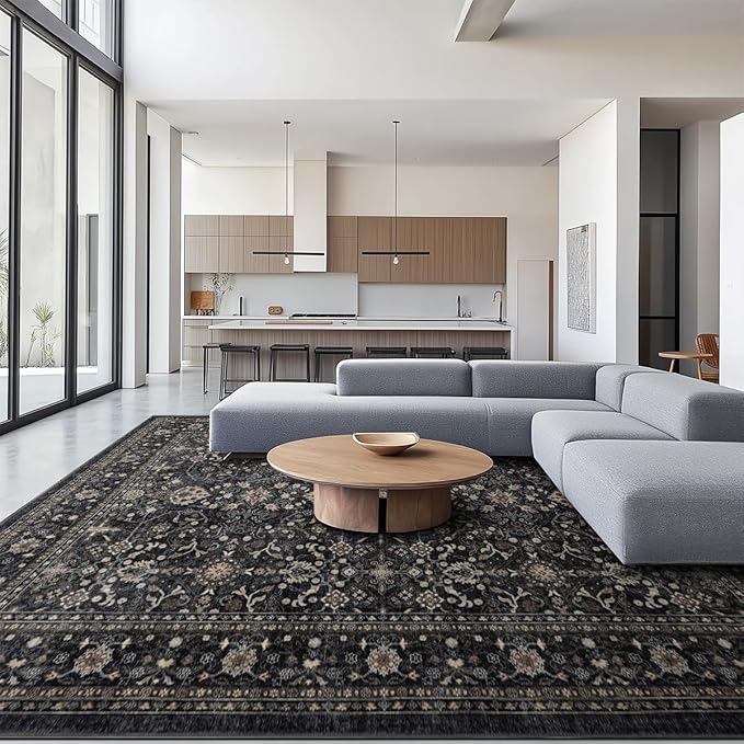 Area Rug Non Slip Machine Washable Ultra Soft Living Room/Bedroom/Kitchen/Outdoor/Classroom Black Grey, 6'×9'