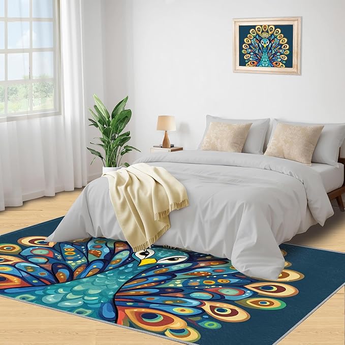 Boho Peacock Rugs for Living Room - 3x5 Rug, Peacock Decor Area Rugs for Bedroom, Teal Turquoise Rug, Modern Style Washable Carpet, Aesthetics Carpet - Peafowl Home Decor & Gifts