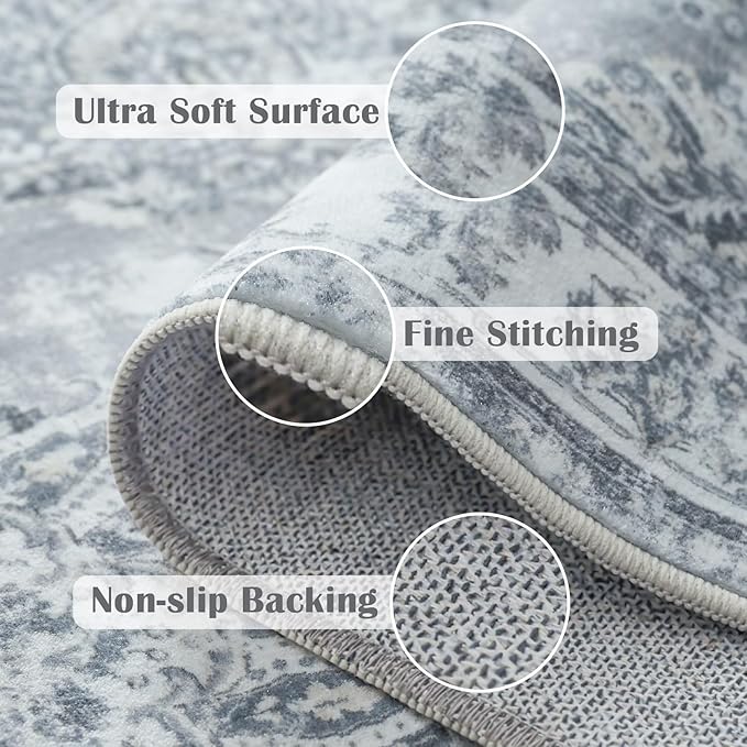 jinchan Fiora Washable Area Rug 8x10 for Living Room Soft Faux Wool Ultra-Thin Stain Resistant Non-Slip Distressed Vintage Floral Large Carpet for Bedroom Dining Room Home Office Nursery(Grey, 8'x10')