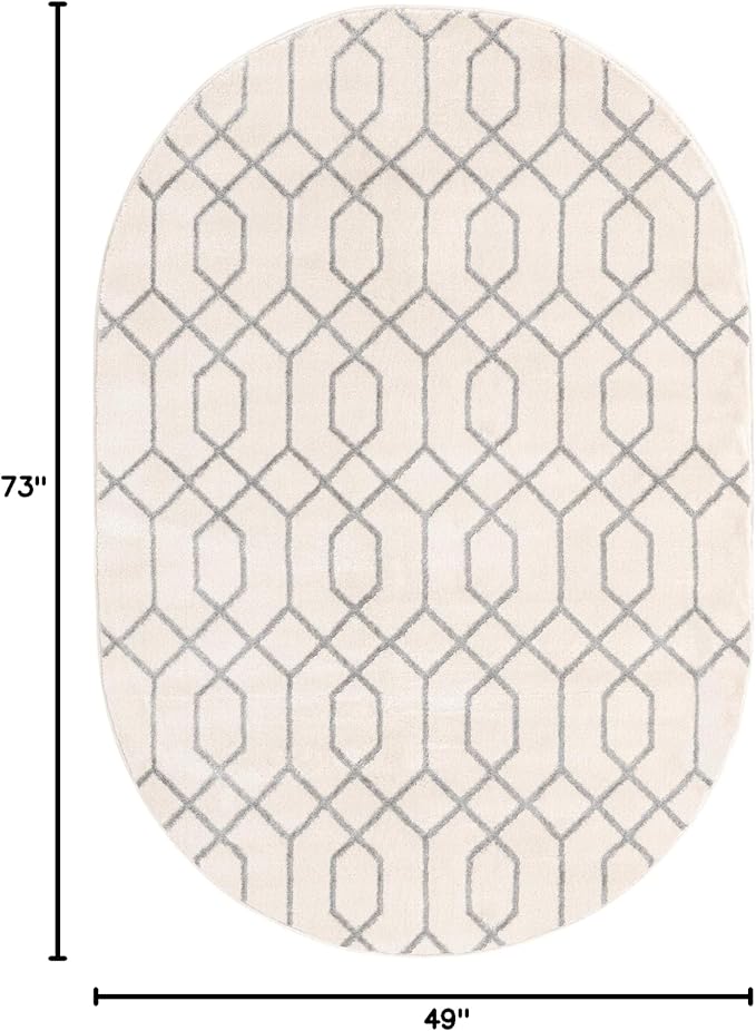 Unique Loom Glam Collection Area Rug - Trellis (4' 1" x 6' 1" Oval, White Silver/ Silver)