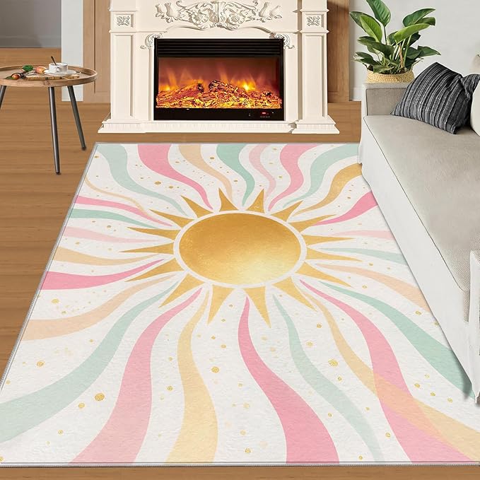 Boho Sun Area Rugs 8x10ft, Minimalist Sunburst Area Rug for Living Room, Abstraction Deco Modern Rug with Double Sided Carpet Tape for Bedroom Men Room Decor
