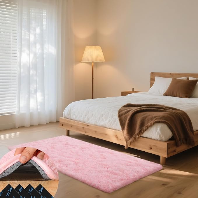 Pink Rugs for Bedroom, 3x5 Fluffy Small Area Rugs for Living Room, Soft Shag Fuzzy Carpet with 4 Non-Slip Stickers for Kids Boys and Girls Nursery Room Dorm Home Decor (Pink, 3ft x 5ft)