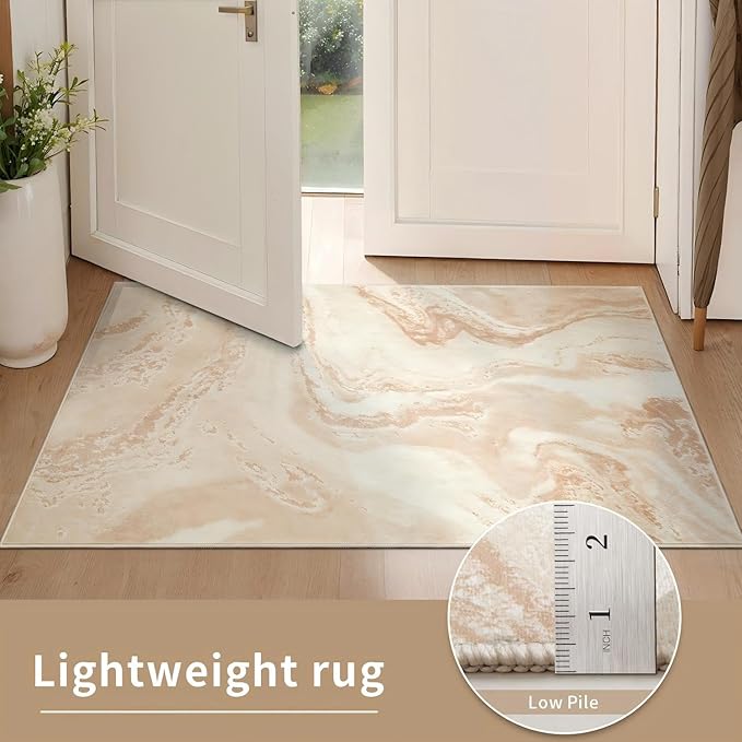 Ciicool 2x6 Washable Runner Rug, Modern Abstract Soft Hallway Rugs Runner, Non-Slip Thin Accent Rug Lightweight Light Brown Beige Print Distressed Carpet for Laundry Entryway Bedroom Kitchen Indoor