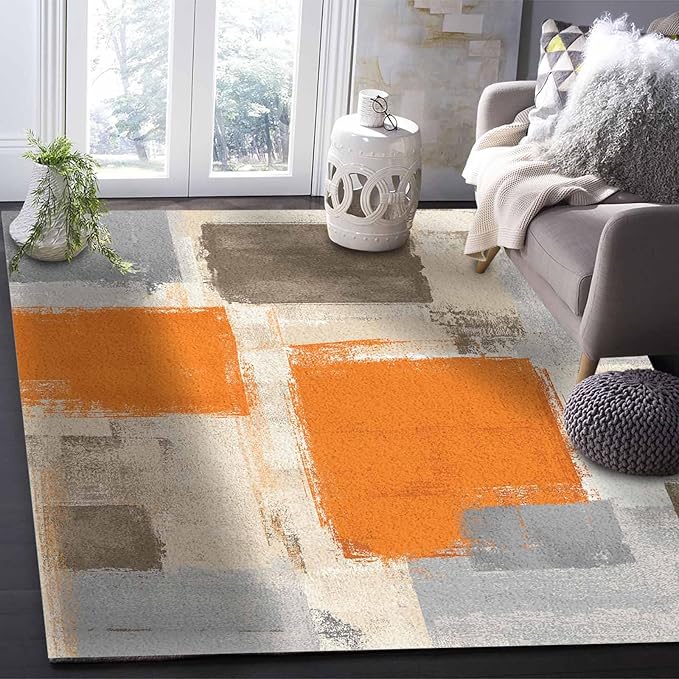 Orange Rectangular Area Rugs for Living Room Bedroom 4 x 6 ft Abstract Paint Texture Modern Art Non-Shedding Soft Low Pile Rug Non Slip Washable Rug for Nursery Entryway Playroom