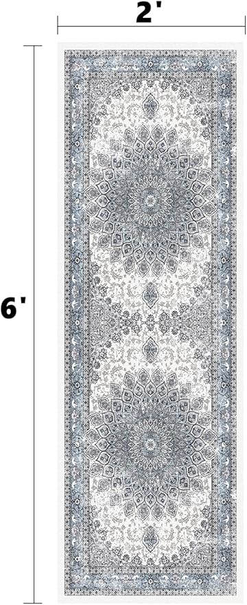 2x6 Runner Rugs for Entrance Non-Slip Washable Hallway Runner Rugs for Bedroom Low Pile Vintage Runners Blue