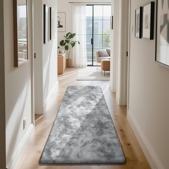 Soft Runner Rugs for Bedroom, Mottling Grey 2x6 Area Rugs Fluffy Rug Shaggy Area Rug Carpet, Bedside Rug for Living Room Bedroom Kids Room Home Decor