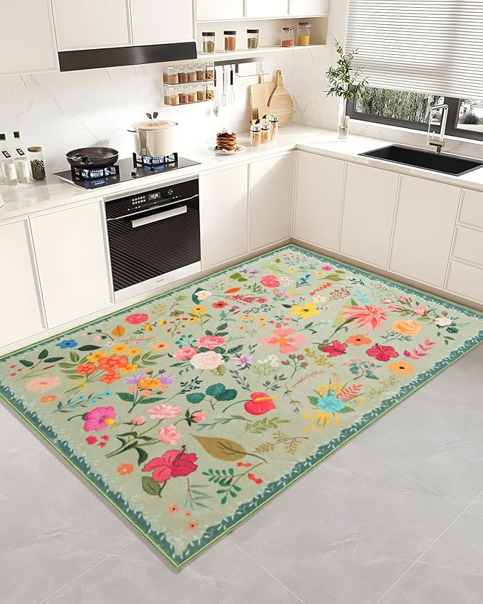 Boho Washable Area Rug 5x7 – Floral Low Pile Non-Slip Carpet for Living Room, Bedroom, Office, Playroom, Entryway, Kitchen, Dining Room (Green)