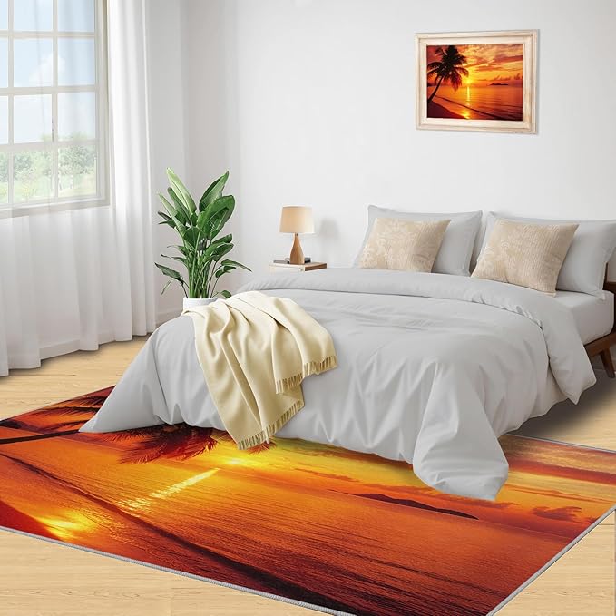 Coastal Rugs for Bedroom - 4x6 Area Rug - Ocean Beach Rugs for Living Room, Sunset Palm Trees Rug, Non-Slip Washable Home Decor Carpet