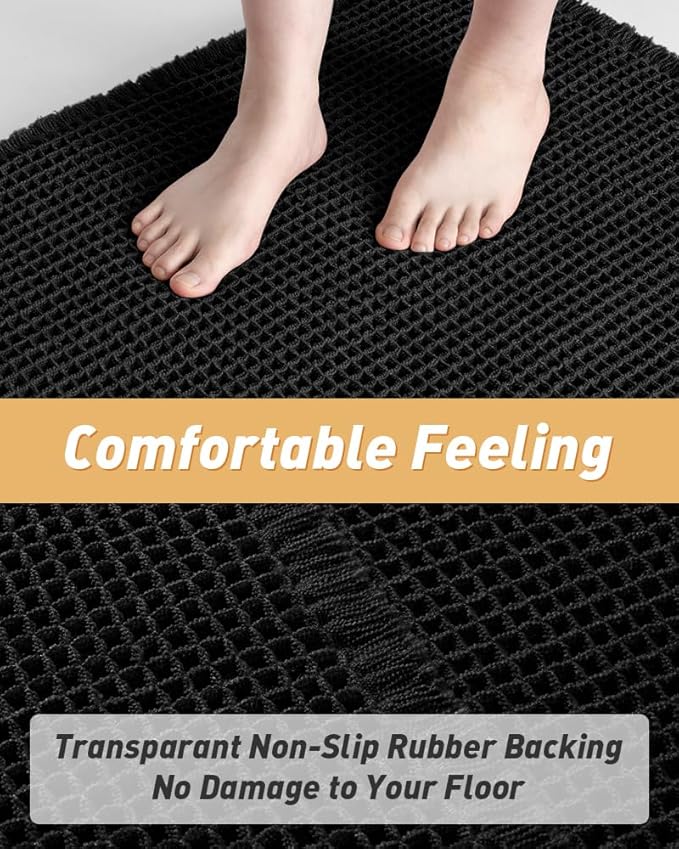 AMOAMI Upgraded Waffle Runner Rug Super Absorbent Non Slip Bath Mats for Bathroom Machine Washable Bathroom Runner Rug with Tassels, Ideal for Hallway Bedroom Laundry Room, 2'x 4'(24" x 48"), Black