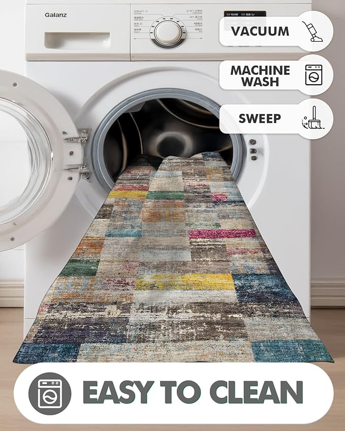LUMI Washable Runner Rug, 3'x7' Non-Slip Hallway Mat, Low Profile Thin Long Carpeet for Laundry Kitchen Bedroom Office, Multicolor
