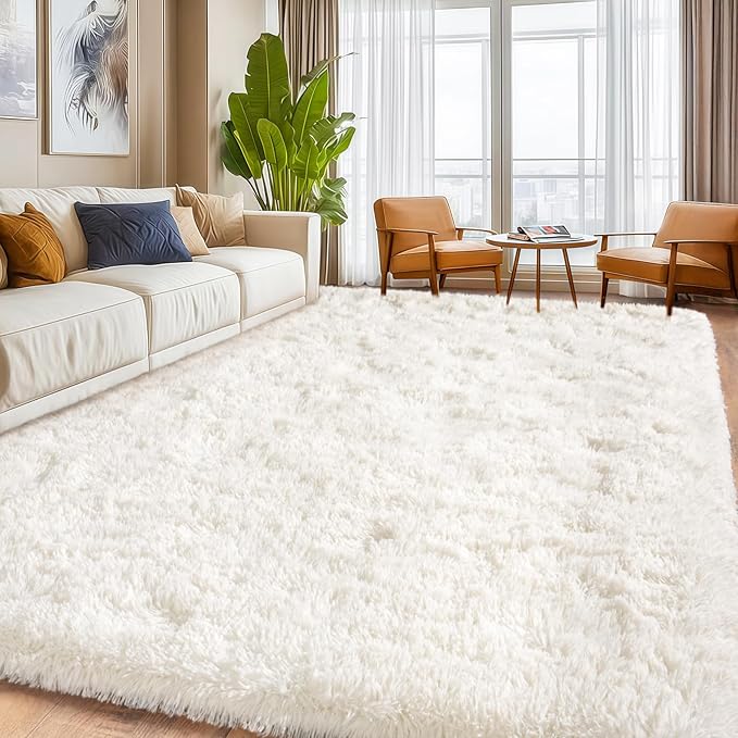 Cream White Plush Rug for Living Room Fuzzy Carpet for Bedroom Dorm, Non-Slip High Pile Rug, Shag Rug for Playroom Nursery Home Office Decor 5X7 Ft