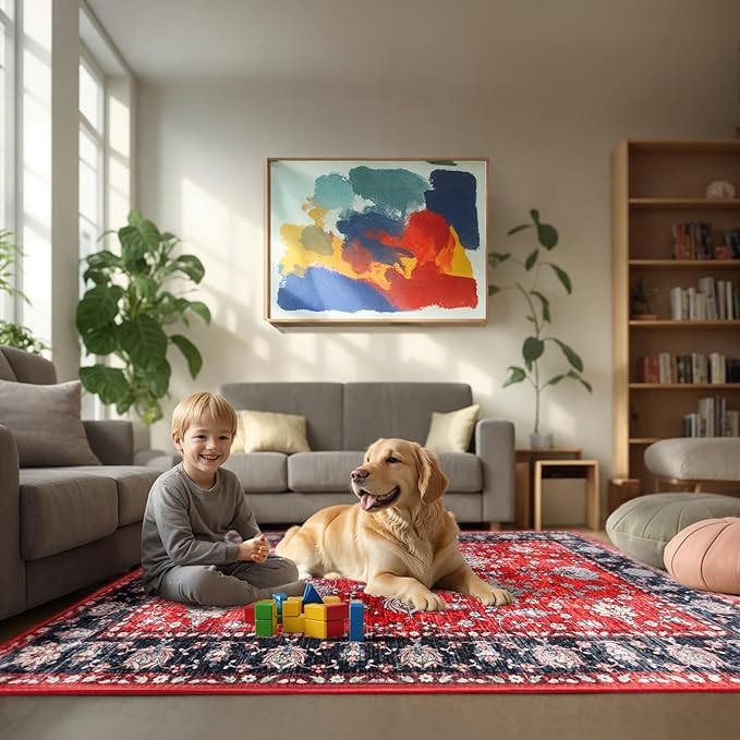 Area Rug for Living Room, 9x12 Machine Washable Non Slip Large Faux Wool Throw Rug, 0.3″ Low Pile & Non-Shedding Boho Large Carpet Rugs for for Dining Room, Bedroom, Office (Black Red)