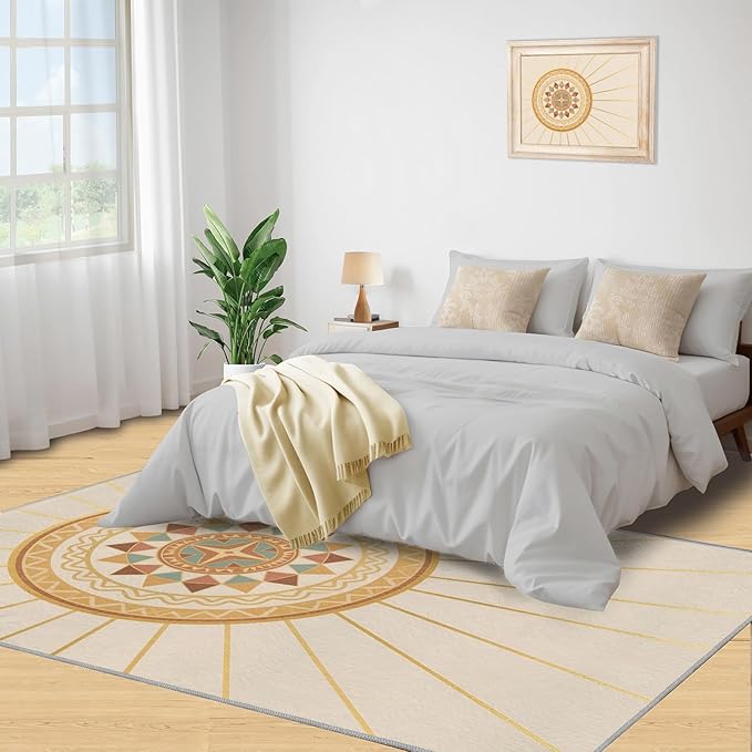 Boho Sun Area Rugs 4x6ft, Minimalist Line Carpet for Bedroom, Geometric Solar Rug for Living Room Easy to Clean for Indoor Outdoor Hardwood Floors Home Decor
