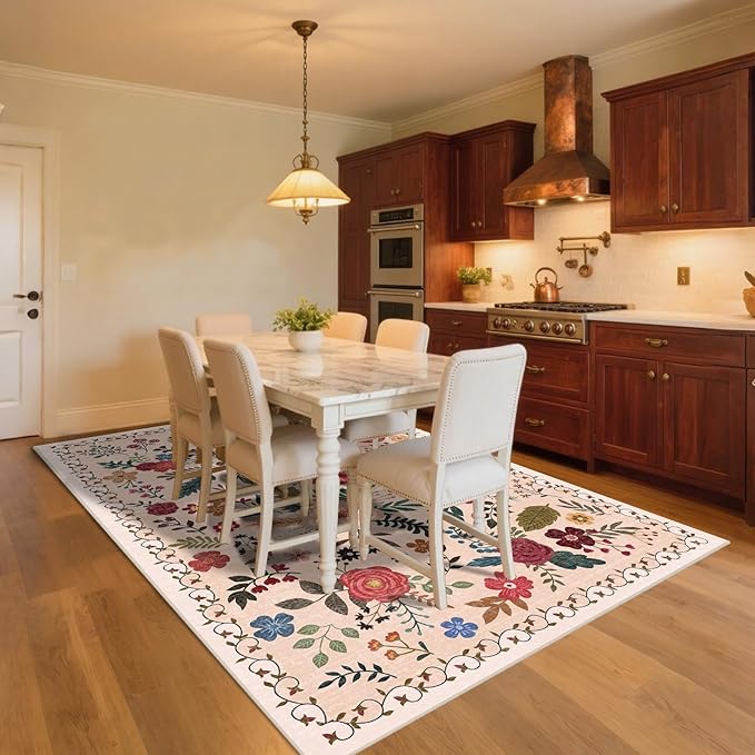 8x10 Area Rugs for Living Room Clearance Washable Boho Area Rug, Vintage Floral Non Slip Low Pile Large Rug for Living Room, Bedroom, Dining Room, Farmhouse (8 x 10 Beige Red)