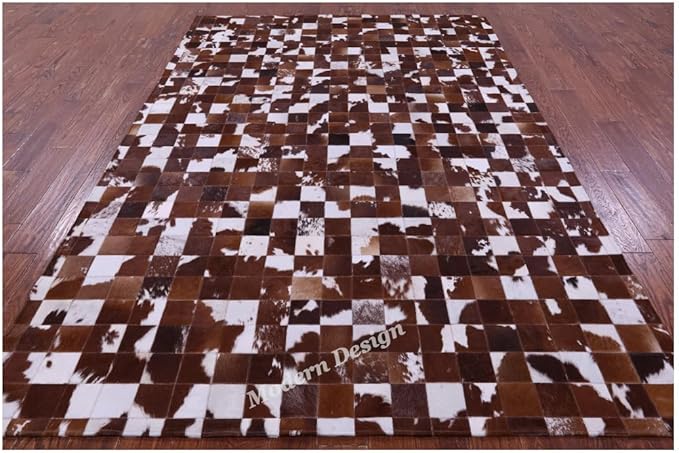 Modern Design Premium Cowhide Leather Carpet with Chevron Pattern, Area Rug (Brwon/White, 4x6)
