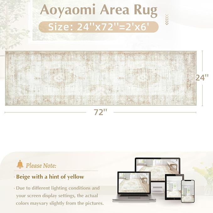 Runner Rug 2x6 Entryway Rug - Machine Washable Vintage Boho Area Rug Non-Slip Kitchen Runner Soft Stain Resistant Runners for Hallways Entryway Laundry Kitchen Bathroom Bedroom (Beige, 2'x6')