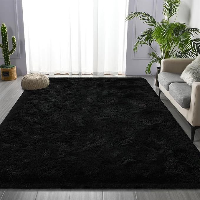 Large Shag Area Rugs 8 x 10, Tie-Dyed Plush Fuzzy Rugs for Living Room, Ultra Soft Fluffy Furry Rug for Bedroom, Indoor Carpet Nursery Rugs for Kids Room Home Decor, Black