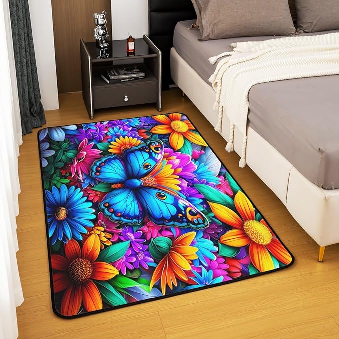 Colorful Butterfly 3x5 Area Rug Rainbow Flowers Rugs for Living Room | Rustic Butterflies Washable Rug, Watercolor Beetles Aesthetic Animal Carpet Indoor Floor Mat