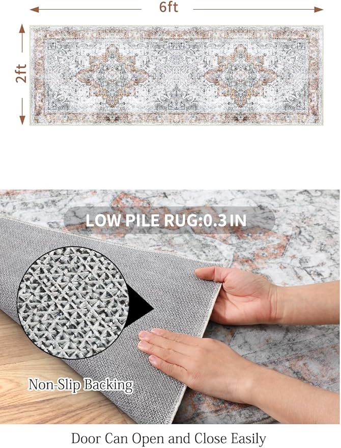 COMSLE Boho Runner Rug, 2x6 Washable Area Rugs for Hallway Faux Wool Small Throw Rug Distressed Kitchen Non-Slip Laundry Room Carpet Runner for Entryway Indoor Door Mat Bedroom (Orange)