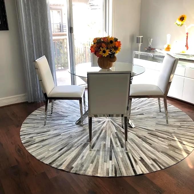 Faux Cowhide Round Area Rug | Non-Slip Leather Floor Carpet for Living Room, Bedroom, and Home Décor | Modern Stylish Accent Rug(Grey_9x9)
