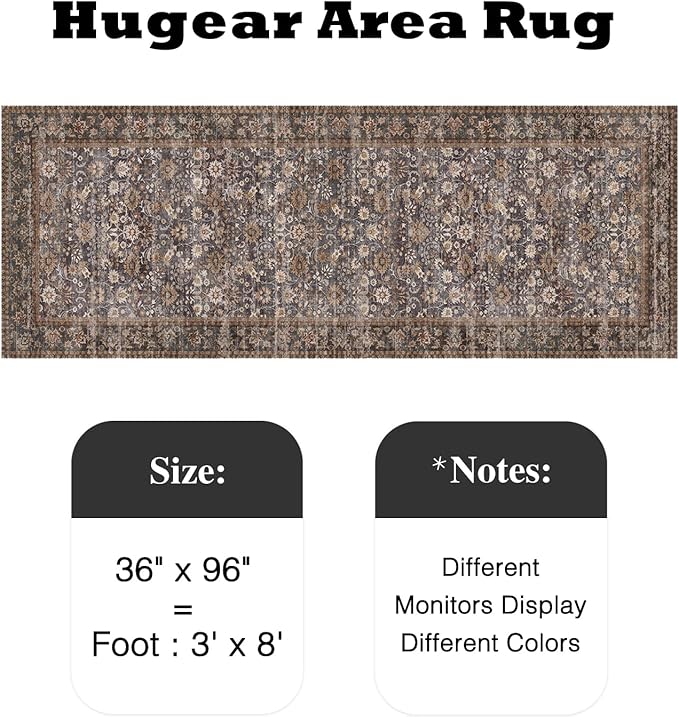 HUGEAR 3x8 Runner Rug Machine Washable Tradition Brown Hallway Area Rug Indoor Accent Rugs Floral Low Pile Carpet Soft Throw Rugs Bedroom Living Room Office Dining Kitchen Laundry Non Slip