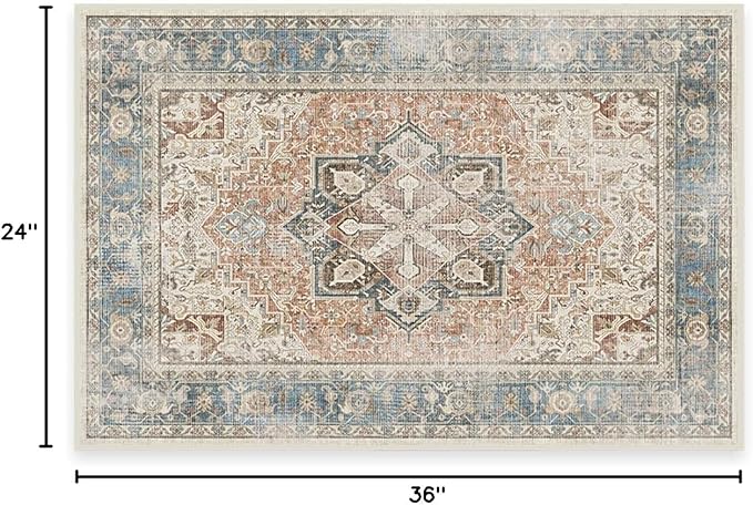 RUGGABLE Washable Vintage Area Rug – Kamran Coral 2x3, Stain-Resistant, Non-Slip – Small Machine Washable Rugs for Living Room, Bedroom, Hallway, Entryway & Bathroom–with Standard Pad