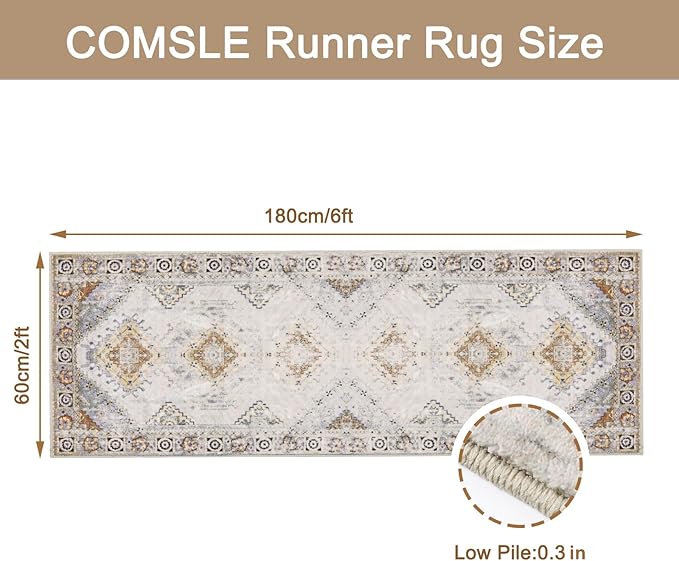 COMSLE Boho Runner Rug, 2x6 Washable Rugs for Hallway Faux Wool Small Throw Rug Distressed Kitchen Area Rug Non-Slip Laundry Room Rug Carpet Runner for Entryway Indoor Bedroom (Khaki)