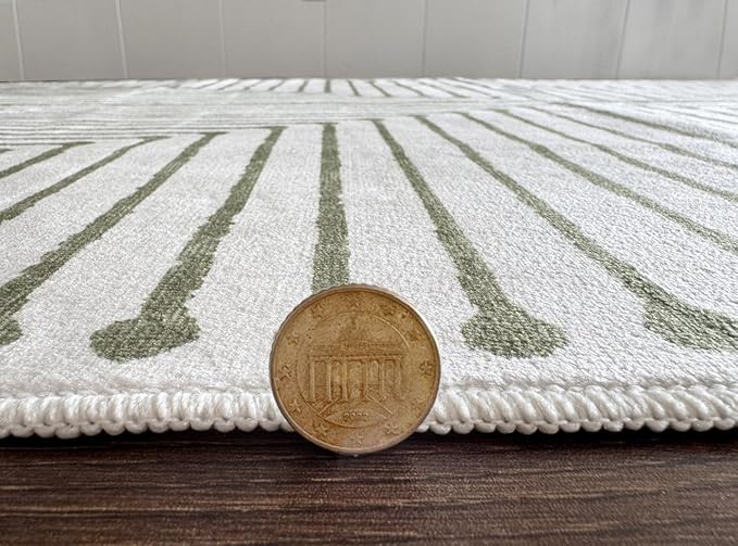 GLN Rugs Contemporary Collection - Machine Washable Area Rug, Contemporary Washable, Non Slip, Low Pile Chenille Rug, Living Room, Bedroom, Kitchen Rug (4' x 6' Green Beige)