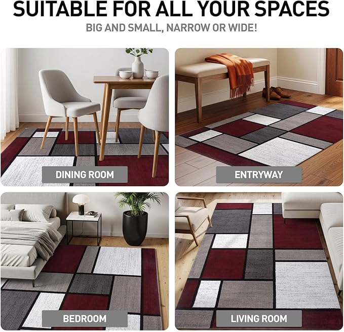 Rugshop Modern Geometric Boxes Red Area Rug, Non-Shedding Carpet for Living Room, Bedroom, or Dining Room, 5'3" x 7'3"