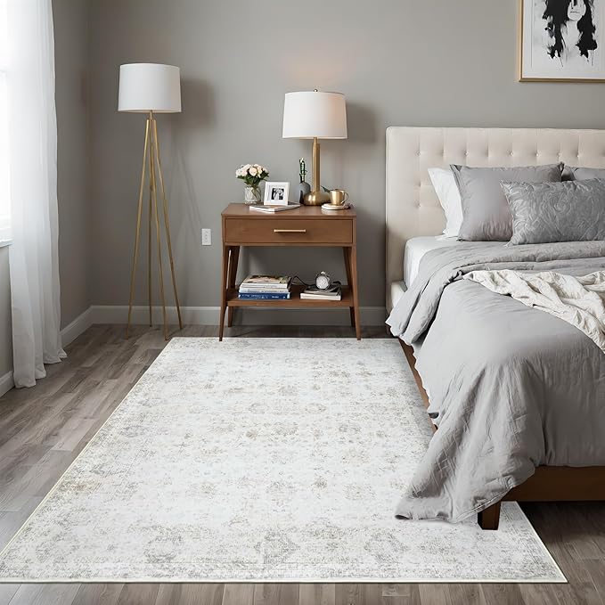 Washable 4×6 Area Rugs for Living Room, Vintage Floral Rug Soft Non Slip Stain Resistant Boho Carpet for Bedroom Dinning Room Kitchen Home Office 02 Beige