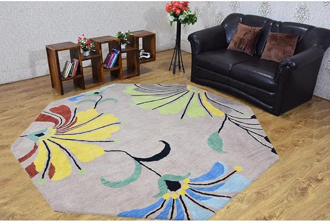 Rugsotic Carpets Hand Tufted Wool ECO-Friendly Area Rugs - 6'x6', Octagon Shape, Camel, Floral Modern Design, High Pile Thick Handmade Anti Skid Area Rugs for Living Room, Bed Room (K00219)