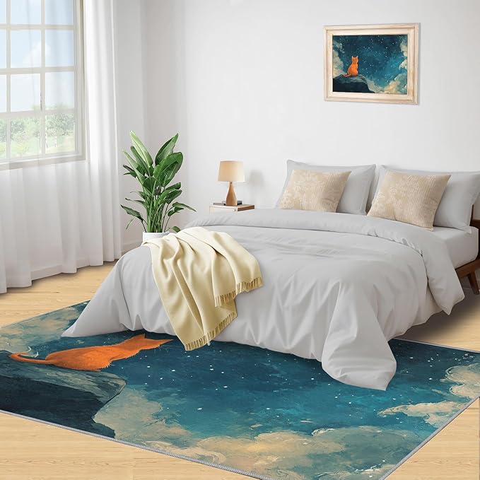 Orange Cat Rugs for Bedroom - 2x3 Area Rug - Cartoon Starry Sky Rugs for Living Room, 3D Cute Cat Rug, Non-Slip Washable Home Decor Carpet