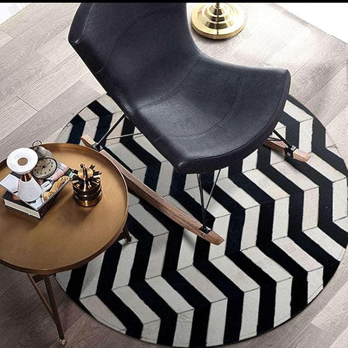 Round Cowhide Faux Leather Area Rug 9×9 ft – Black & White Modern Luxury Chevron Pattern Low Pile Carpet with Non-Slip Wool Backing, Soft Durable Living Room, Bedroom & Lounge Accent Rug