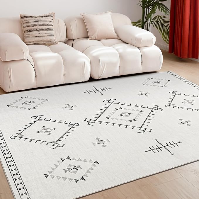 ILANGO Area Rug 3'x5' for Living Room Bedroom Washable Moroccan Boho Rugs for High Traffic Area Non Slip & Non-Shedding Rugs Fade Resistant Carpet for Doorway Entryway Kitchen Laundry (White)