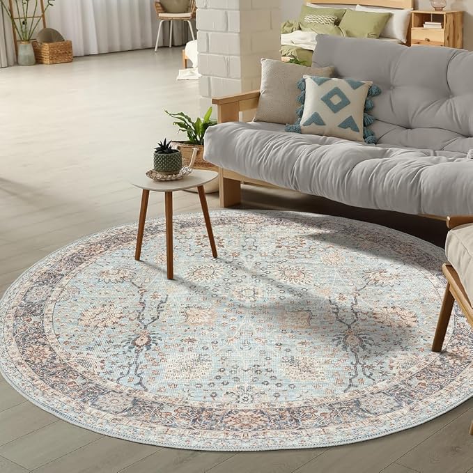GLN Rugs Traditional Collection - Machine Washable Area Rug, Traditional Washable, Non Slip, Low Pile Chenille Rug, Living Room, Bedroom, Kitchen Rug (5'3" Round Light Blue)
