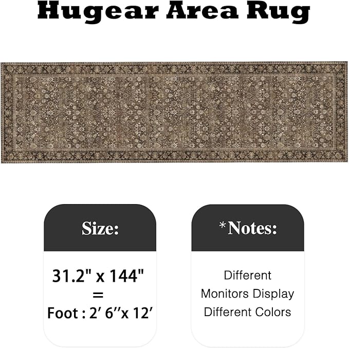 HUGEAR 2'6''x12 Runner Rug Machine Washable Brown Hallway Area Rug Indoor Accent Rug Floral Low Pile Carpet Soft Throw Rug Bedroom Living Room Office Dining Room Kitchen Laundry Room Non Slip