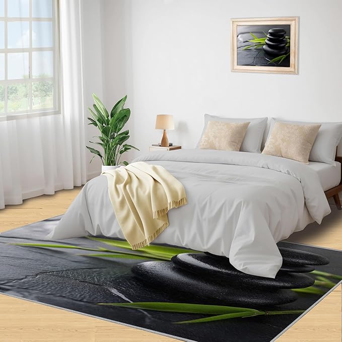 Zen Buddhism Rugs for Bedroom - 5x7 Area Rug - Black Zen Dianthus Leaf Rugs for Living Room, Meditation Yoga Rug, Washable Home Decor Carpet