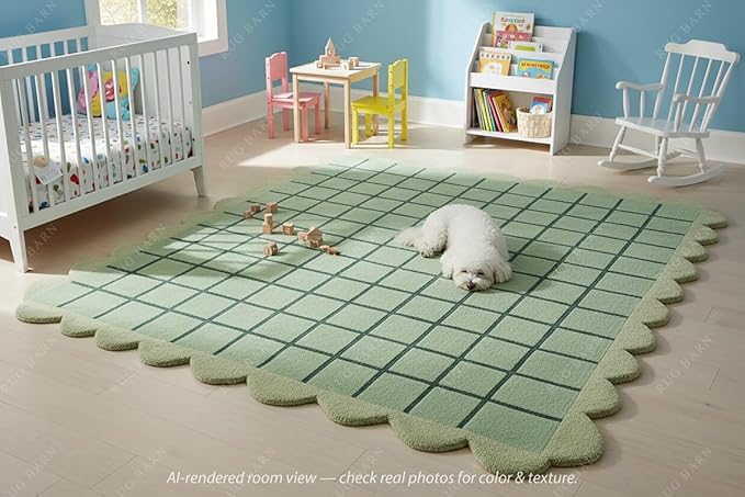 Mint Green Scalloped Edge Wool Area Rug with Checker Grid Design, Hand-Tufted Soft Carpet for Living Room, Bedroom, Nursery, Kids & Playroom Décor - 8x8 Ft (Round)