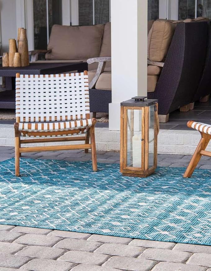 Unique Loom Outdoor Trellis Collection Area Rug - Tribal Trellis (2' x 3' 1" Rectangle Teal/Ivory)
