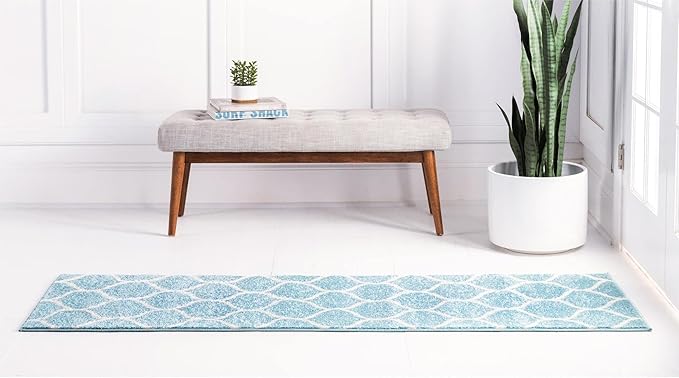 Rugs.com Lattice Frieze Collection Rug – 2' x 6' Runner Light Blue Medium Rug Perfect for Living Rooms, Large Dining Rooms, Open Floorplans
