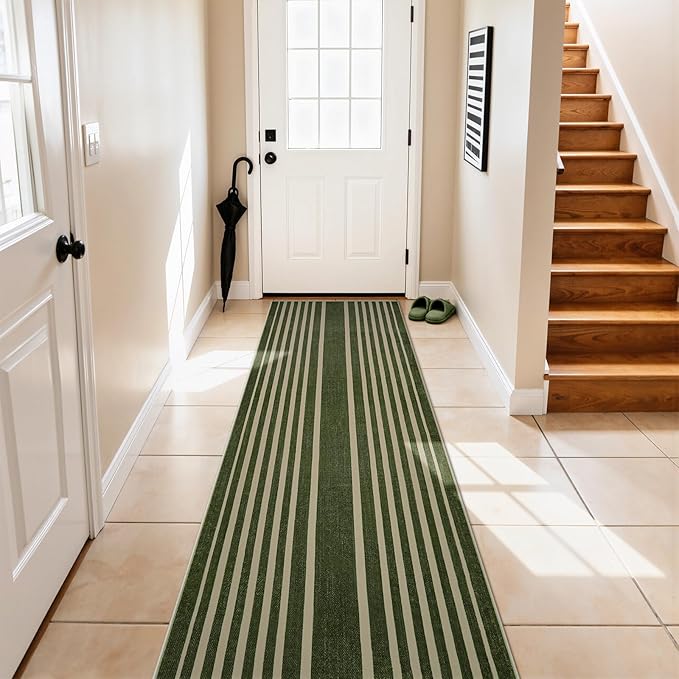 Beeiva Striped Modern Bathroom Runner, 2.5x8 Green Washable Runners for Hallways Entryway, Bohemian Non Slip Non Shedding Low Pile Carpet for Porch, BedroomIndoor Kithchen Laundry Room Porch Bedroom
