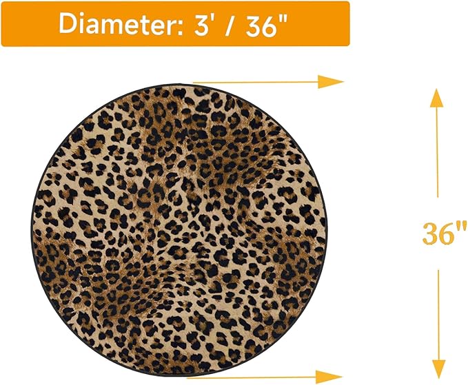 3ft Leopard Print Round Area Rug, Washable Non-Slip Ultra-Soft Low Pile Carpet, Non-Shedding Modern Circle Rug for Bedroom Entryway Kitchen Bathroom Office