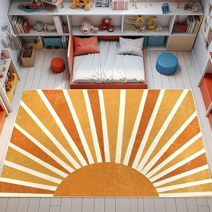 Rainbow Sun Area Rug,5x8ft,Boho Kids Room Area Rug, Living Room Decorative Rainbow Rug for Kids Girls Boys Bedroom, Living Room, Classroom, Office Non-Slip Washable