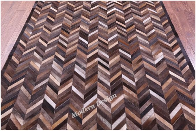 Modern Design Premium Cowhide Leather Carpet with Chevron Pattern, Area Rug (Natural Multi Brown, 4x6)