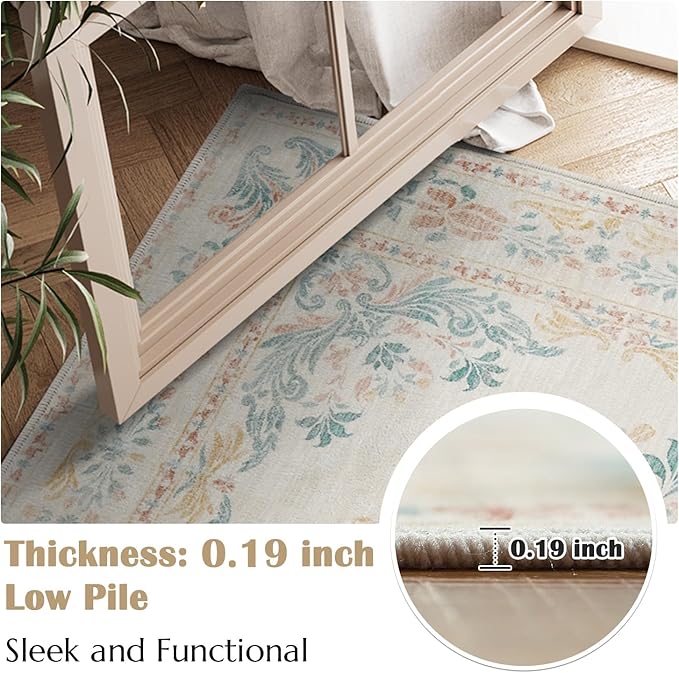 jinchan Vintage Floral 6x9 Area Rugs for Living Room - Machine Washable Distressed Design Soft Throw Rug Ultra-Thin Non-Slip Large Carpet for Bedroom Nursery Dining Room Home Office (6x9ft, Apricot)